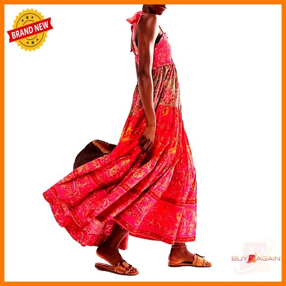 Dresses & Skirts - Floral Maxi Dress Boho Smocked Tiered Tiered Shoulder Tie Pockets Vacation